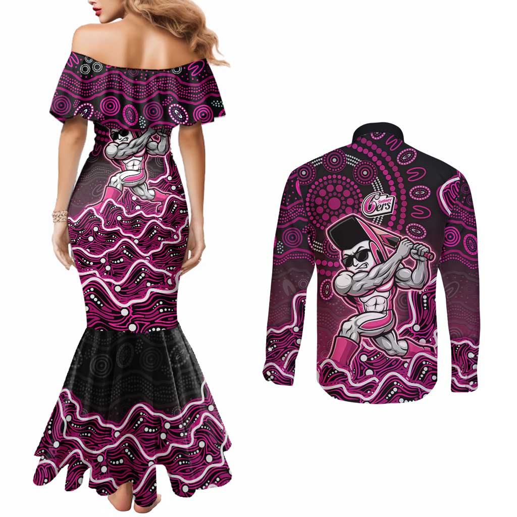 Sydney Sixers Cricket Mascot Couples Matching Mermaid Dress and Long Sleeve Button Shirt Aboriginal Dot Art Pink And Black Tribal Pattern