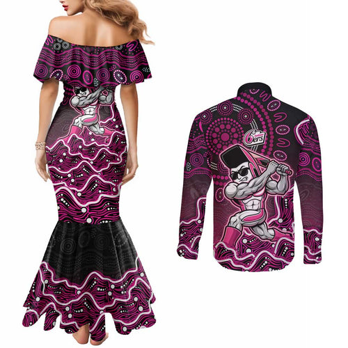 Sydney Sixers Cricket Mascot Couples Matching Mermaid Dress and Long Sleeve Button Shirt Aboriginal Dot Art Pink And Black Tribal Pattern