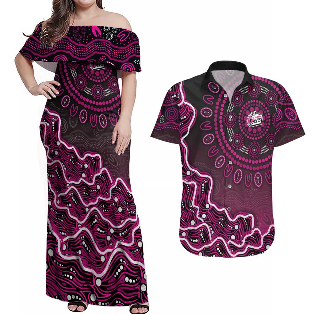 Sydney Sixers Cricket Mascot Couples Matching Off Shoulder Maxi Dress and Hawaiian Shirt Aboriginal Dot Art Pink And Black Tribal Pattern