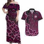 Sydney Sixers Cricket Mascot Couples Matching Off Shoulder Maxi Dress and Hawaiian Shirt Aboriginal Dot Art Pink And Black Tribal Pattern