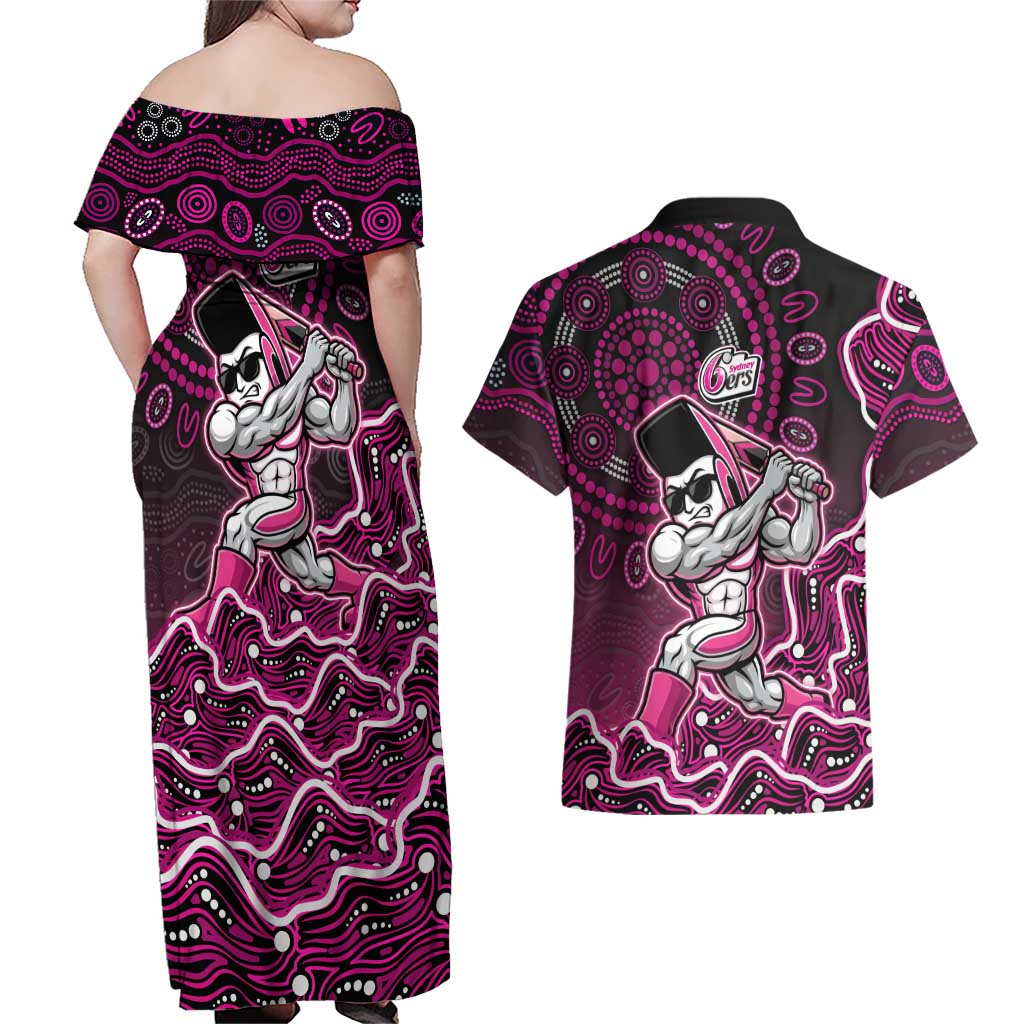 Sydney Sixers Cricket Mascot Couples Matching Off Shoulder Maxi Dress and Hawaiian Shirt Aboriginal Dot Art Pink And Black Tribal Pattern