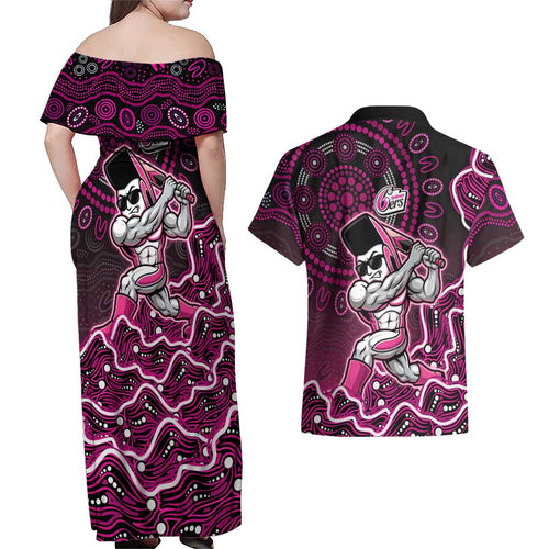 Sydney Sixers Cricket Mascot Couples Matching Off Shoulder Maxi Dress and Hawaiian Shirt Aboriginal Dot Art Pink And Black Tribal Pattern