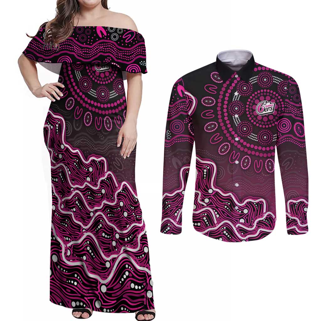 Sydney Sixers Cricket Mascot Couples Matching Off Shoulder Maxi Dress and Long Sleeve Button Shirt Aboriginal Dot Art Pink And Black Tribal Pattern