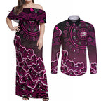 Sydney Sixers Cricket Mascot Couples Matching Off Shoulder Maxi Dress and Long Sleeve Button Shirt Aboriginal Dot Art Pink And Black Tribal Pattern