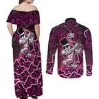 Sydney Sixers Cricket Mascot Couples Matching Off Shoulder Maxi Dress and Long Sleeve Button Shirt Aboriginal Dot Art Pink And Black Tribal Pattern