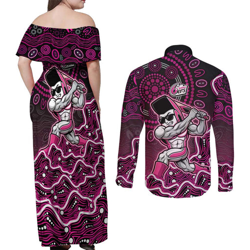 Sydney Sixers Cricket Mascot Couples Matching Off Shoulder Maxi Dress and Long Sleeve Button Shirt Aboriginal Dot Art Pink And Black Tribal Pattern
