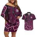 Sydney Sixers Cricket Mascot Couples Matching Off Shoulder Short Dress and Hawaiian Shirt Aboriginal Dot Art Pink And Black Tribal Pattern