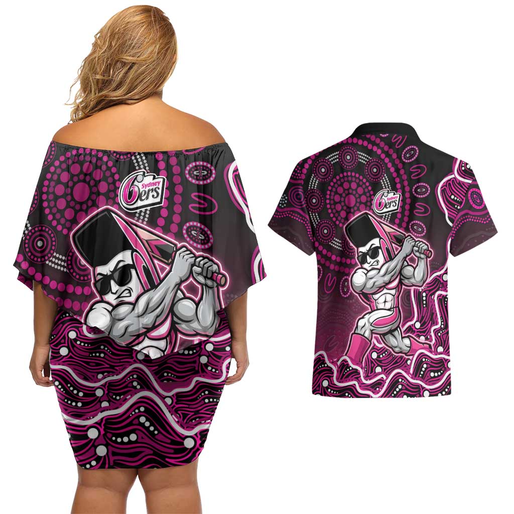 Sydney Sixers Cricket Mascot Couples Matching Off Shoulder Short Dress and Hawaiian Shirt Aboriginal Dot Art Pink And Black Tribal Pattern