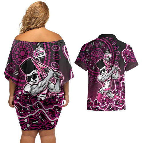 Sydney Sixers Cricket Mascot Couples Matching Off Shoulder Short Dress and Hawaiian Shirt Aboriginal Dot Art Pink And Black Tribal Pattern