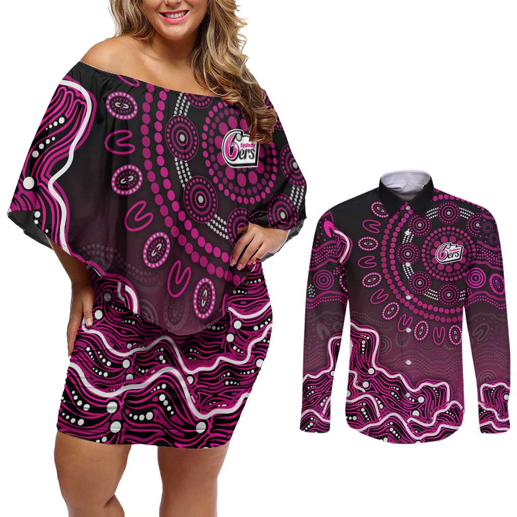 Sydney Sixers Cricket Mascot Couples Matching Off Shoulder Short Dress and Long Sleeve Button Shirt Aboriginal Dot Art Pink And Black Tribal Pattern