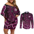 Sydney Sixers Cricket Mascot Couples Matching Off Shoulder Short Dress and Long Sleeve Button Shirt Aboriginal Dot Art Pink And Black Tribal Pattern