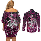 Sydney Sixers Cricket Mascot Couples Matching Off Shoulder Short Dress and Long Sleeve Button Shirt Aboriginal Dot Art Pink And Black Tribal Pattern