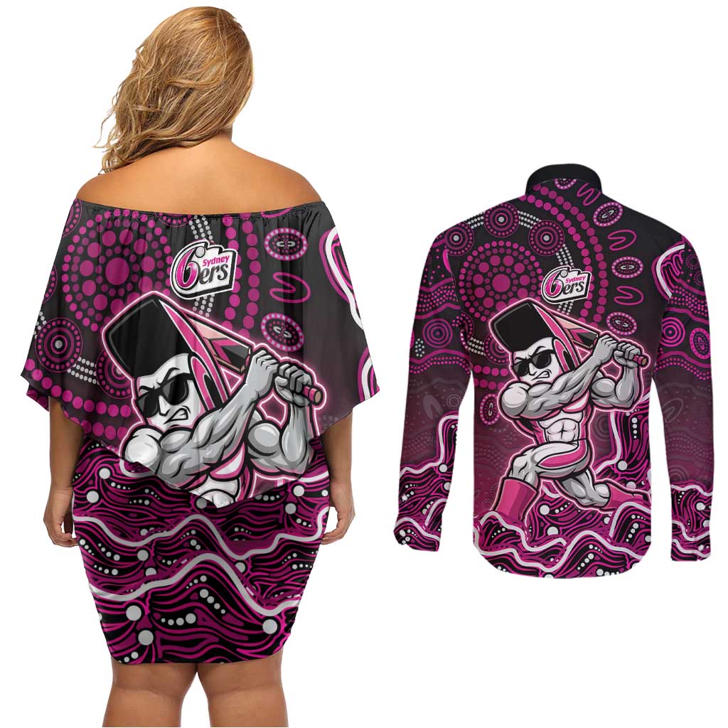 Sydney Sixers Cricket Mascot Couples Matching Off Shoulder Short Dress and Long Sleeve Button Shirt Aboriginal Dot Art Pink And Black Tribal Pattern