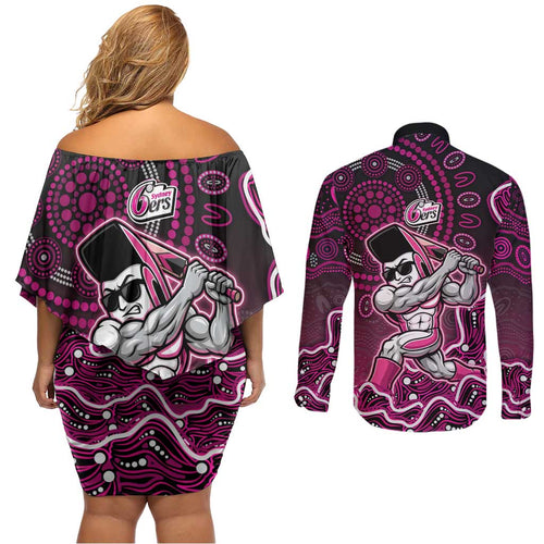 Sydney Sixers Cricket Mascot Couples Matching Off Shoulder Short Dress and Long Sleeve Button Shirt Aboriginal Dot Art Pink And Black Tribal Pattern