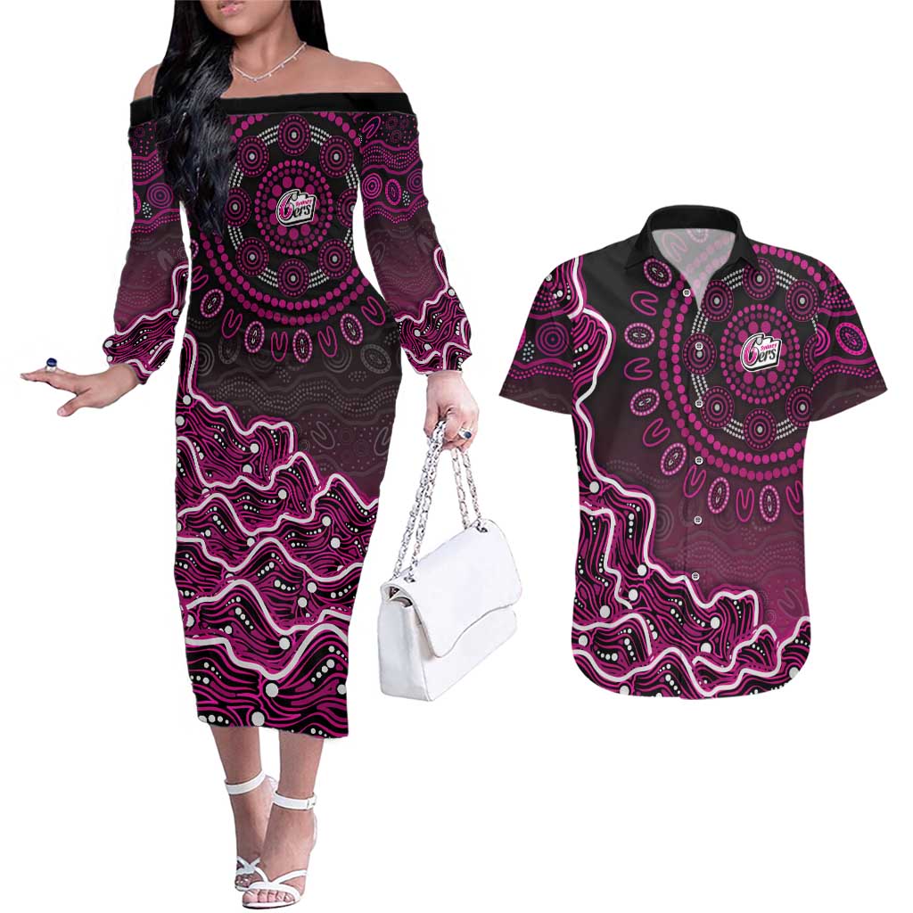 Sydney Sixers Cricket Mascot Couples Matching Off The Shoulder Long Sleeve Dress and Hawaiian Shirt Aboriginal Dot Art Pink And Black Tribal Pattern