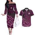 Sydney Sixers Cricket Mascot Couples Matching Off The Shoulder Long Sleeve Dress and Hawaiian Shirt Aboriginal Dot Art Pink And Black Tribal Pattern