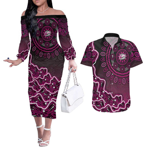 Sydney Sixers Cricket Mascot Couples Matching Off The Shoulder Long Sleeve Dress and Hawaiian Shirt Aboriginal Dot Art Pink And Black Tribal Pattern