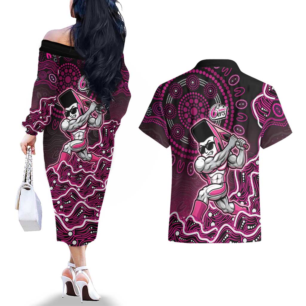 Sydney Sixers Cricket Mascot Couples Matching Off The Shoulder Long Sleeve Dress and Hawaiian Shirt Aboriginal Dot Art Pink And Black Tribal Pattern