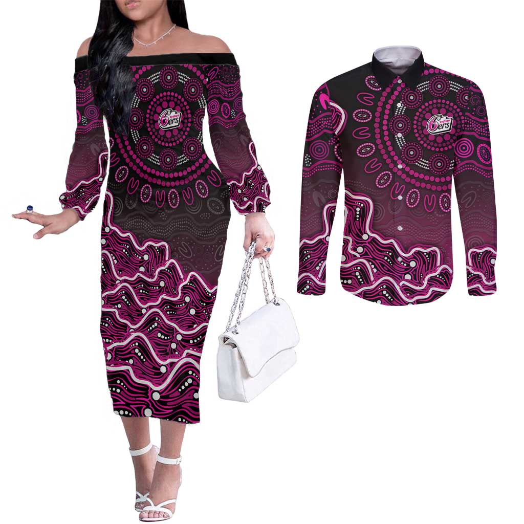 Sydney Sixers Cricket Mascot Couples Matching Off The Shoulder Long Sleeve Dress and Long Sleeve Button Shirt Aboriginal Dot Art Pink And Black Tribal Pattern