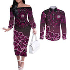 Sydney Sixers Cricket Mascot Couples Matching Off The Shoulder Long Sleeve Dress and Long Sleeve Button Shirt Aboriginal Dot Art Pink And Black Tribal Pattern