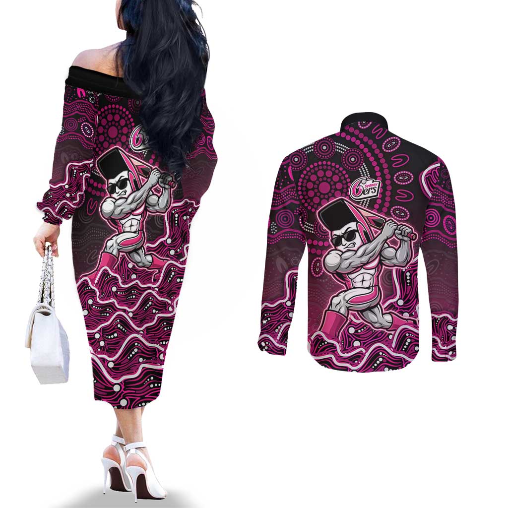 Sydney Sixers Cricket Mascot Couples Matching Off The Shoulder Long Sleeve Dress and Long Sleeve Button Shirt Aboriginal Dot Art Pink And Black Tribal Pattern