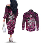 Sydney Sixers Cricket Mascot Couples Matching Off The Shoulder Long Sleeve Dress and Long Sleeve Button Shirt Aboriginal Dot Art Pink And Black Tribal Pattern