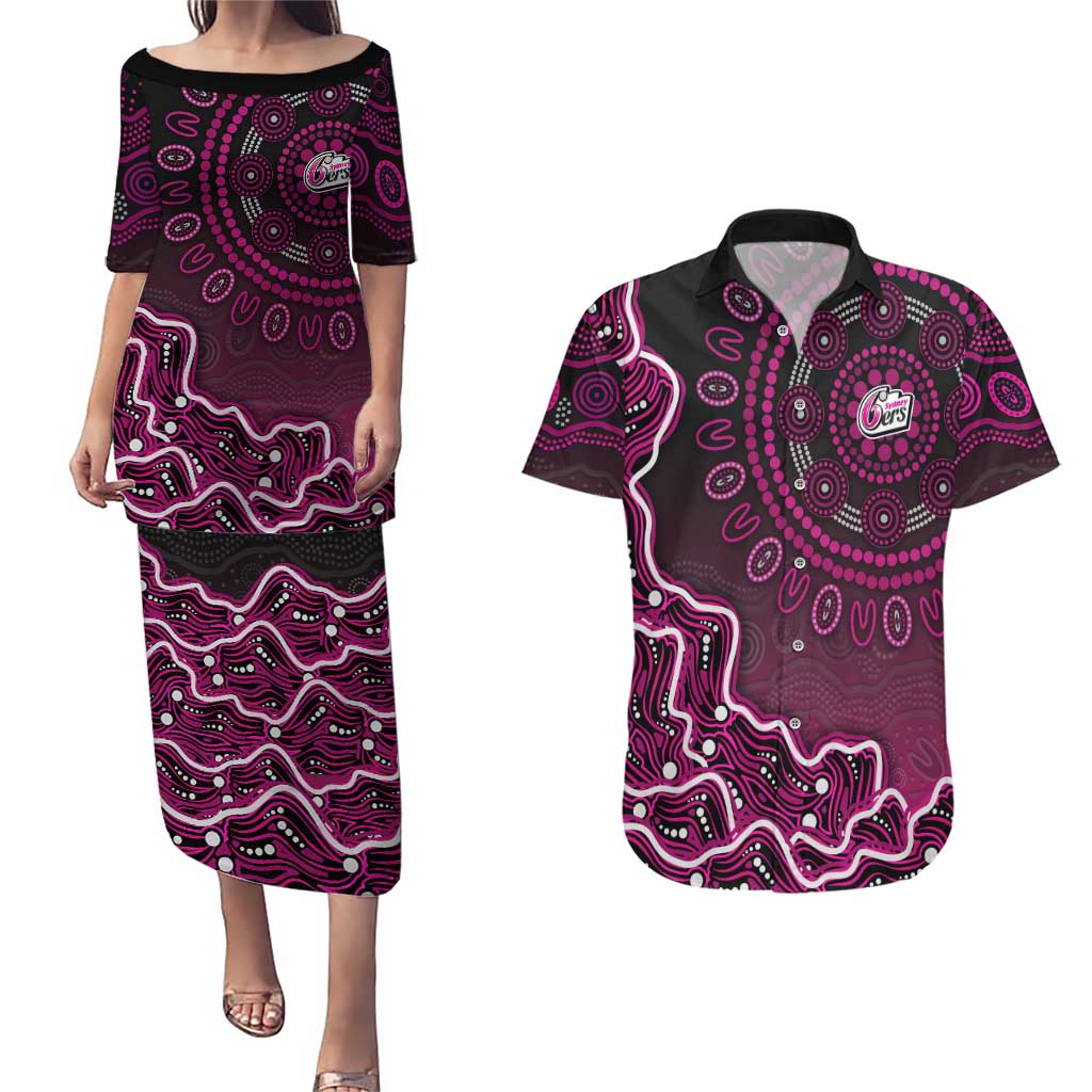 Sydney Sixers Cricket Mascot Couples Matching Puletasi and Hawaiian Shirt Aboriginal Dot Art Pink And Black Tribal Pattern