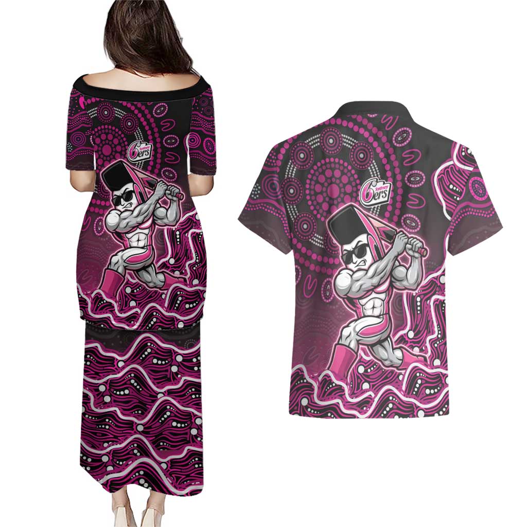 Sydney Sixers Cricket Mascot Couples Matching Puletasi and Hawaiian Shirt Aboriginal Dot Art Pink And Black Tribal Pattern