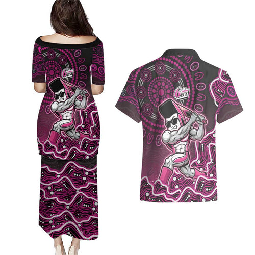 Sydney Sixers Cricket Mascot Couples Matching Puletasi and Hawaiian Shirt Aboriginal Dot Art Pink And Black Tribal Pattern