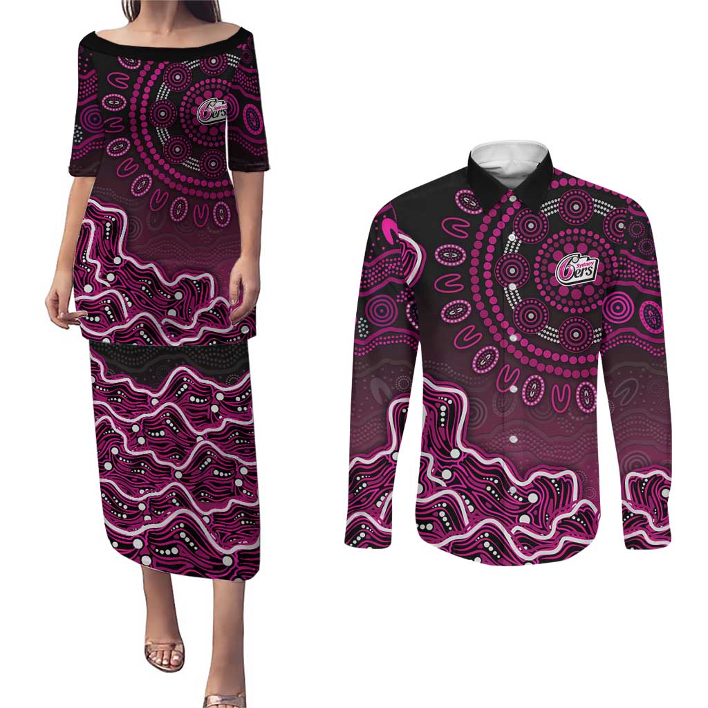 Sydney Sixers Cricket Mascot Couples Matching Puletasi and Long Sleeve Button Shirt Aboriginal Dot Art Pink And Black Tribal Pattern