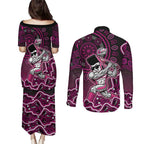 Sydney Sixers Cricket Mascot Couples Matching Puletasi and Long Sleeve Button Shirt Aboriginal Dot Art Pink And Black Tribal Pattern