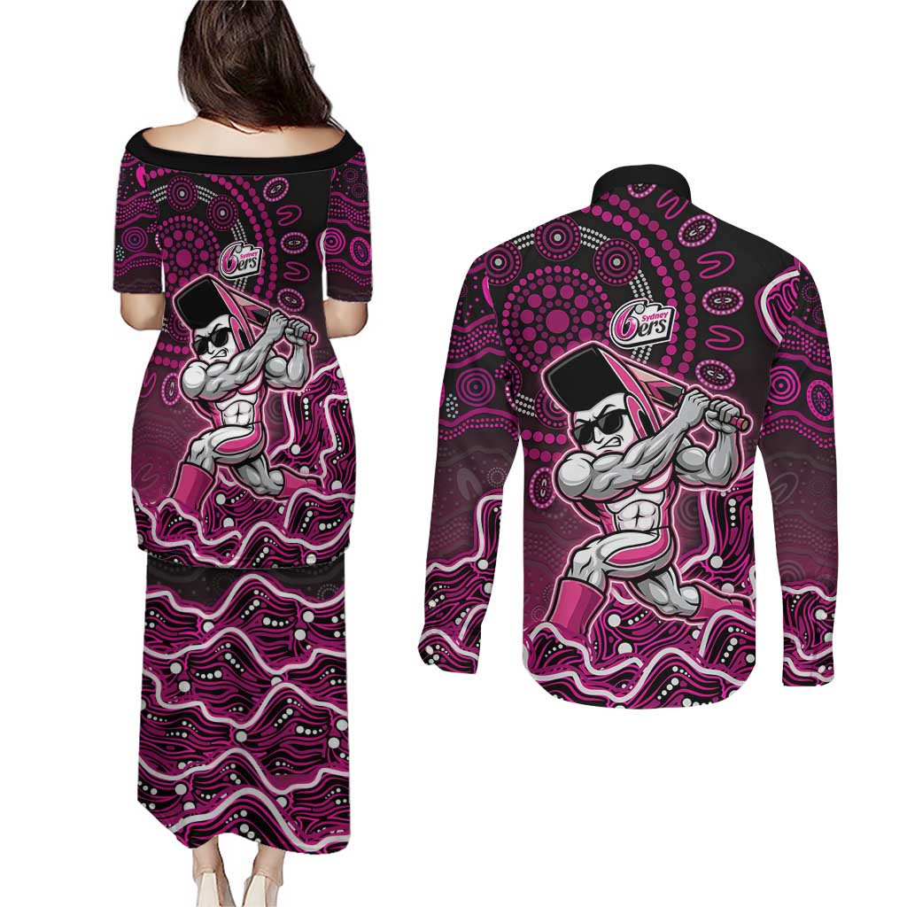 Sydney Sixers Cricket Mascot Couples Matching Puletasi and Long Sleeve Button Shirt Aboriginal Dot Art Pink And Black Tribal Pattern