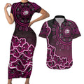 Sydney Sixers Cricket Mascot Couples Matching Short Sleeve Bodycon Dress and Hawaiian Shirt Aboriginal Dot Art Pink And Black Tribal Pattern