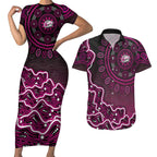 Sydney Sixers Cricket Mascot Couples Matching Short Sleeve Bodycon Dress and Hawaiian Shirt Aboriginal Dot Art Pink And Black Tribal Pattern