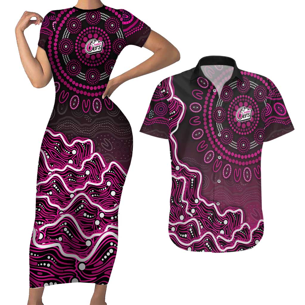 Sydney Sixers Cricket Mascot Couples Matching Short Sleeve Bodycon Dress and Hawaiian Shirt Aboriginal Dot Art Pink And Black Tribal Pattern