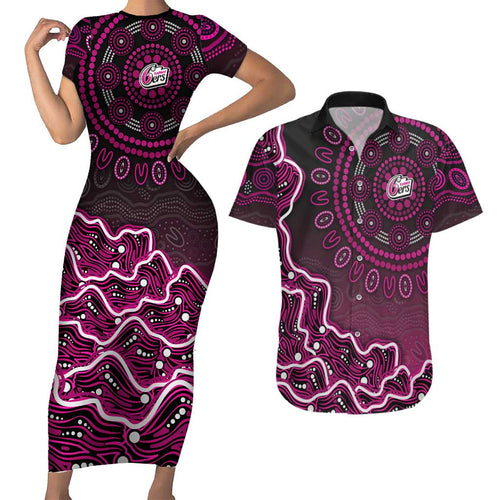 Sydney Sixers Cricket Mascot Couples Matching Short Sleeve Bodycon Dress and Hawaiian Shirt Aboriginal Dot Art Pink And Black Tribal Pattern