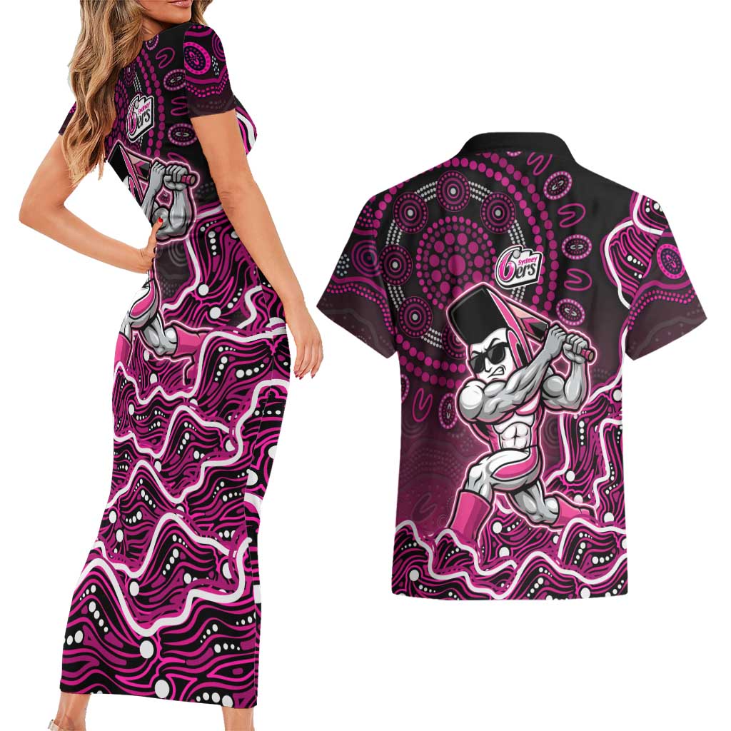 Sydney Sixers Cricket Mascot Couples Matching Short Sleeve Bodycon Dress and Hawaiian Shirt Aboriginal Dot Art Pink And Black Tribal Pattern
