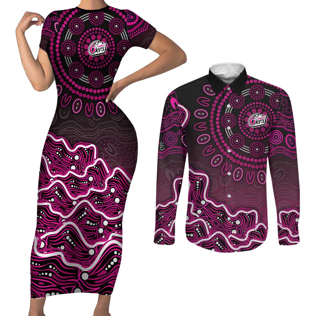 Sydney Sixers Cricket Mascot Couples Matching Short Sleeve Bodycon Dress and Long Sleeve Button Shirt Aboriginal Dot Art Pink And Black Tribal Pattern
