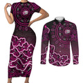 Sydney Sixers Cricket Mascot Couples Matching Short Sleeve Bodycon Dress and Long Sleeve Button Shirt Aboriginal Dot Art Pink And Black Tribal Pattern