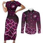 Sydney Sixers Cricket Mascot Couples Matching Short Sleeve Bodycon Dress and Long Sleeve Button Shirt Aboriginal Dot Art Pink And Black Tribal Pattern
