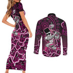 Sydney Sixers Cricket Mascot Couples Matching Short Sleeve Bodycon Dress and Long Sleeve Button Shirt Aboriginal Dot Art Pink And Black Tribal Pattern