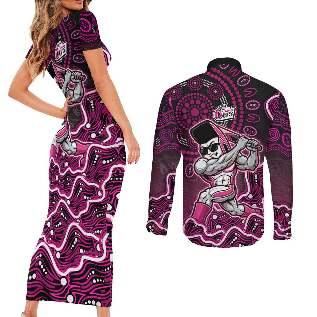 Sydney Sixers Cricket Mascot Couples Matching Short Sleeve Bodycon Dress and Long Sleeve Button Shirt Aboriginal Dot Art Pink And Black Tribal Pattern