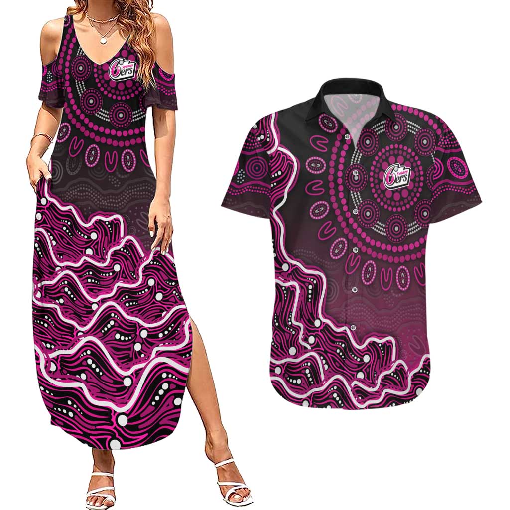 Sydney Sixers Cricket Mascot Couples Matching Summer Maxi Dress and Hawaiian Shirt Aboriginal Dot Art Pink And Black Tribal Pattern