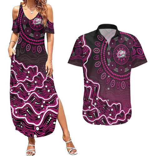 Sydney Sixers Cricket Mascot Couples Matching Summer Maxi Dress and Hawaiian Shirt Aboriginal Dot Art Pink And Black Tribal Pattern