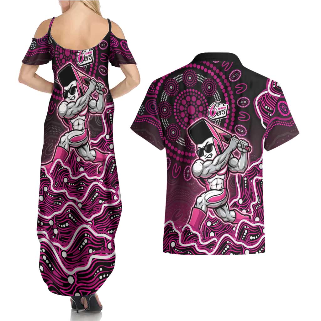 Sydney Sixers Cricket Mascot Couples Matching Summer Maxi Dress and Hawaiian Shirt Aboriginal Dot Art Pink And Black Tribal Pattern