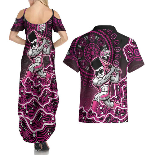 Sydney Sixers Cricket Mascot Couples Matching Summer Maxi Dress and Hawaiian Shirt Aboriginal Dot Art Pink And Black Tribal Pattern