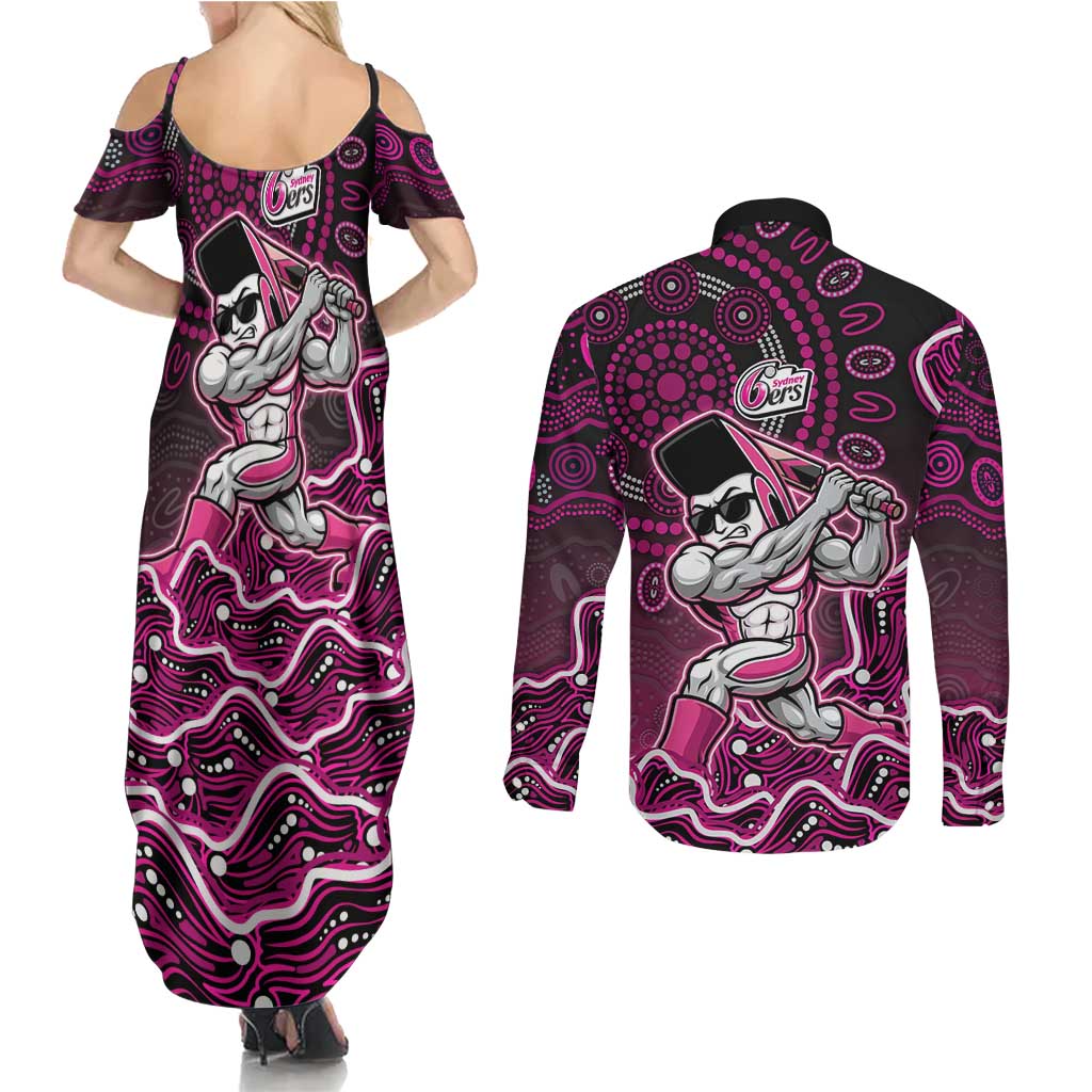 Sydney Sixers Cricket Mascot Couples Matching Summer Maxi Dress and Long Sleeve Button Shirt Aboriginal Dot Art Pink And Black Tribal Pattern