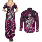 Sydney Sixers Cricket Mascot Couples Matching Summer Maxi Dress and Long Sleeve Button Shirt Aboriginal Dot Art Pink And Black Tribal Pattern