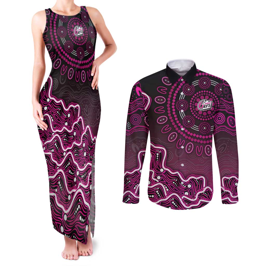 Sydney Sixers Cricket Mascot Couples Matching Tank Maxi Dress and Long Sleeve Button Shirt Aboriginal Dot Art Pink And Black Tribal Pattern