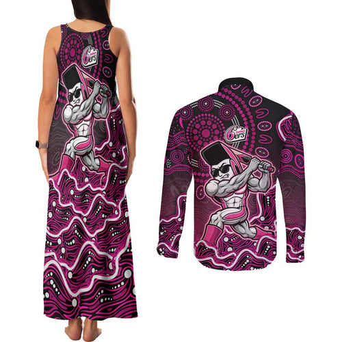 Sydney Sixers Cricket Mascot Couples Matching Tank Maxi Dress and Long Sleeve Button Shirt Aboriginal Dot Art Pink And Black Tribal Pattern